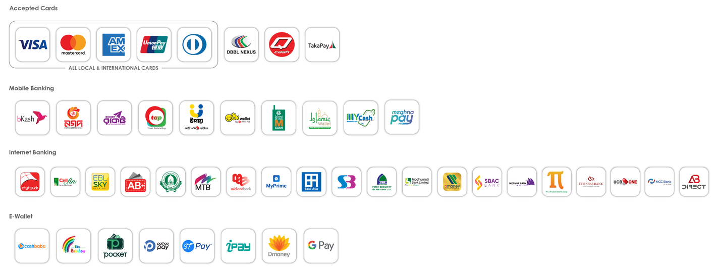 Payment channels accepted through SSLCOMMERZ: Visa, Mastercard, American Express, UnionPay, Diners Club, DBBL Nexus, Qcash and TakaPay cards; bKash, Nagad, Rocket, tap, Upay, OK Wallet, Islami Bank M Cash, Islamic Wallet, MYCash and Meghna Pay mobile banking; internet banking from 19 partner banks; and cashbaba, Mou Rainbow, Pocket, Pathao Pay, ST Pay, iPay, Dmoney and Google Pay e-wallets.